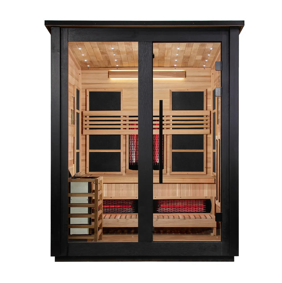 Golden Designs Loviisa 3 Person Hybrid (PureTech™ Full Spectrum IR or Traditional Stove) Outdoor Sauna (GDI-8523-03) - Canadian Red Cedar Interior, 2 Tone Finish