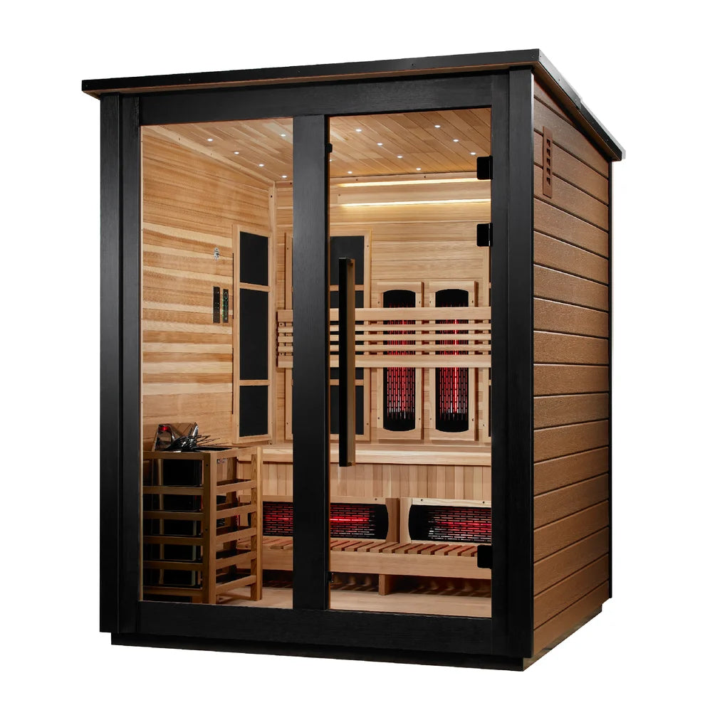 Golden Designs Loviisa 3 Person Hybrid (PureTech™ Full Spectrum IR or Traditional Stove) Outdoor Sauna (GDI-8523-03) - Canadian Red Cedar Interior, 2 Tone Finish