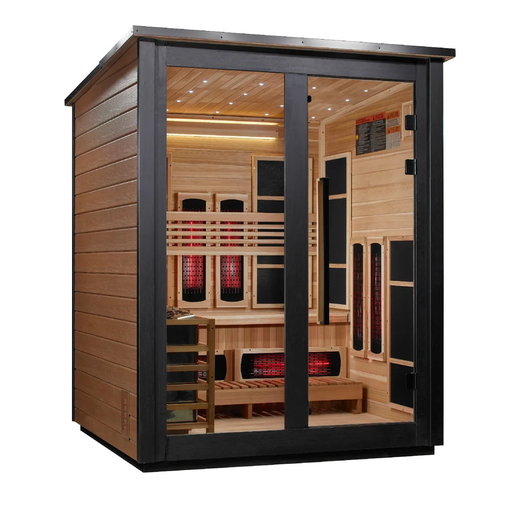 Golden Designs Loviisa 3 Person Hybrid (PureTech™ Full Spectrum IR or Traditional Stove) Outdoor Sauna (GDI-8523-03) - Canadian Red Cedar Interior, 2 Tone Finish