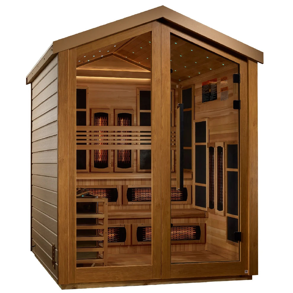 Golden Designs Kaskinen 6 Person Hybrid (PureTech™ Full Spectrum IR or Traditional Stove) Outdoor Sauna (GDI-8526-01) - Canadian Red Cedar Interior