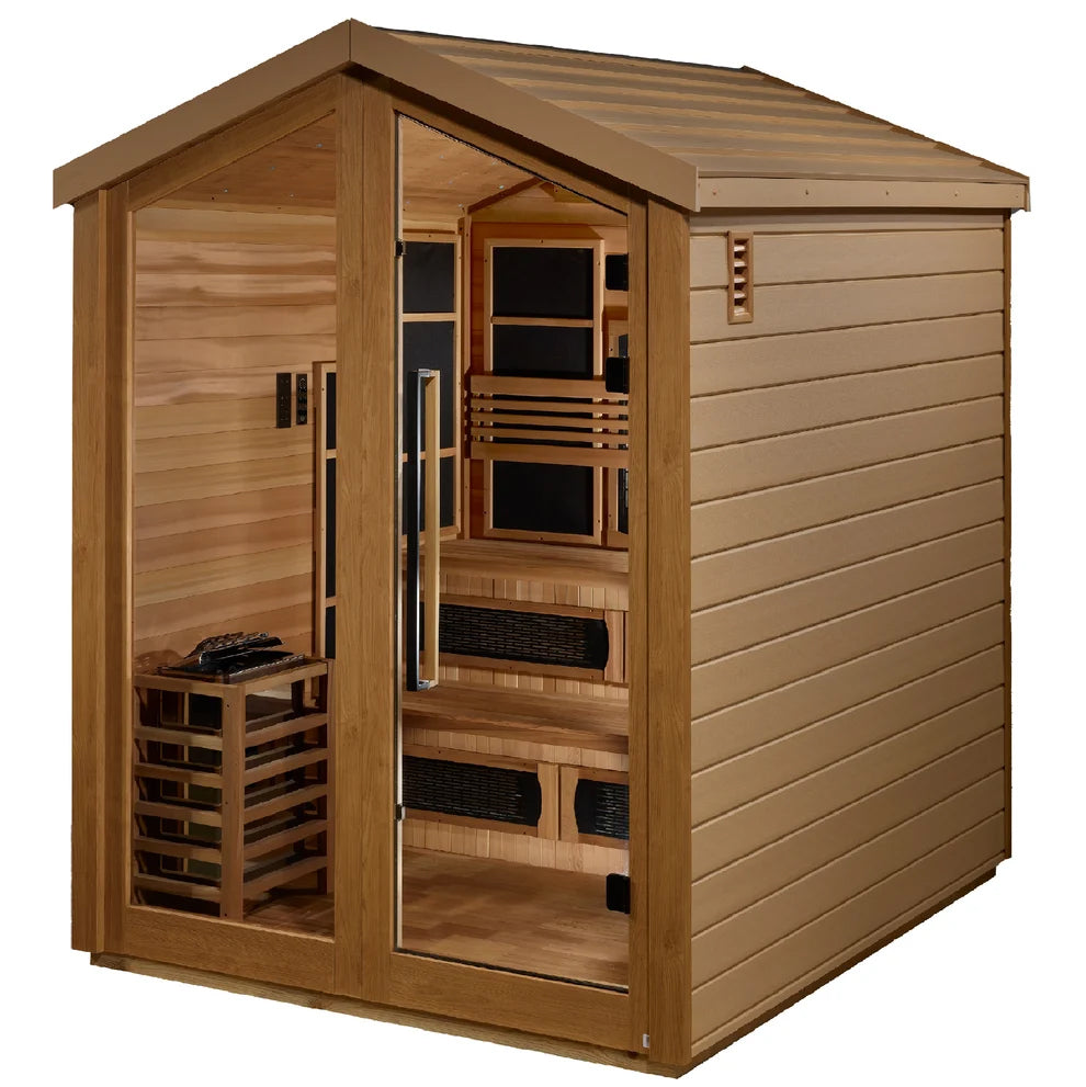 Golden Designs Kaskinen 6 Person Hybrid (PureTech™ Full Spectrum IR or Traditional Stove) Outdoor Sauna (GDI-8526-01) - Canadian Red Cedar Interior