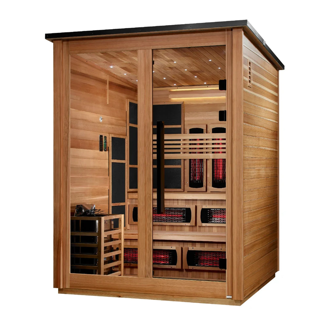 Golden Designs Kaskinen 6 Person Hybrid (PureTech™ Full Spectrum IR or Traditional Stove) Outdoor Sauna (GDI-8526-02) - Canadian Red Cedar Interior, Pacific Cedar Finish