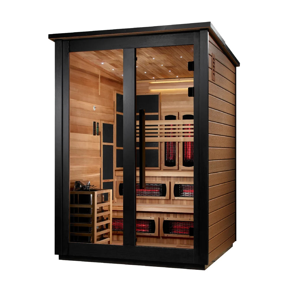 Golden Designs Kaskinen 6 Person Hybrid (PureTech™ Full Spectrum IR or Traditional Stove) Outdoor Sauna (GDI-8526-03) - Canadian Red Cedar Interior, 2 Tone Finish