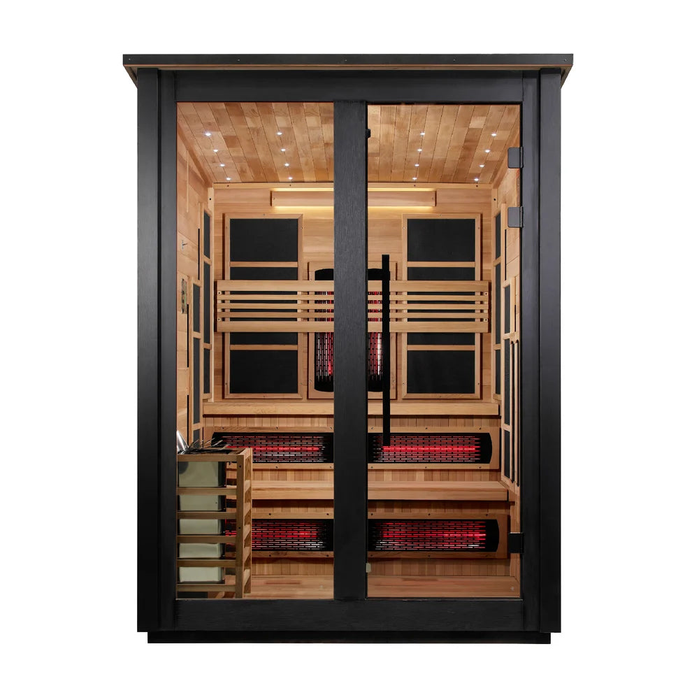 Golden Designs Kaskinen 6 Person Hybrid (PureTech™ Full Spectrum IR or Traditional Stove) Outdoor Sauna (GDI-8526-03) - Canadian Red Cedar Interior, 2 Tone Finish