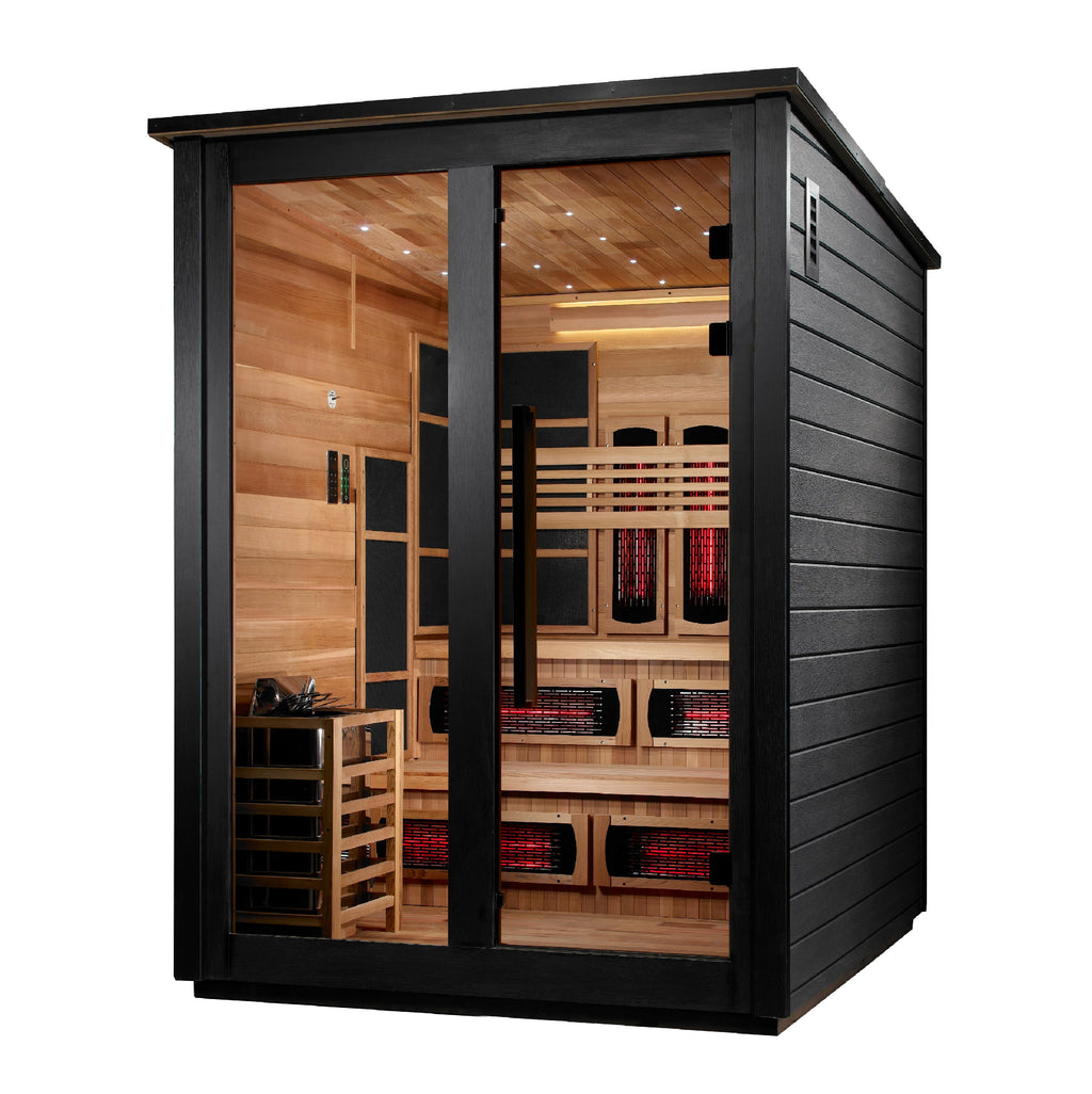 Golden Designs Kaskinen 6 Person Hybrid (PureTech™ Full Spectrum IR or Traditional Stove) Outdoor Sauna (GDI-8526-04) - Canadian Red Cedar Interior, Black Finish