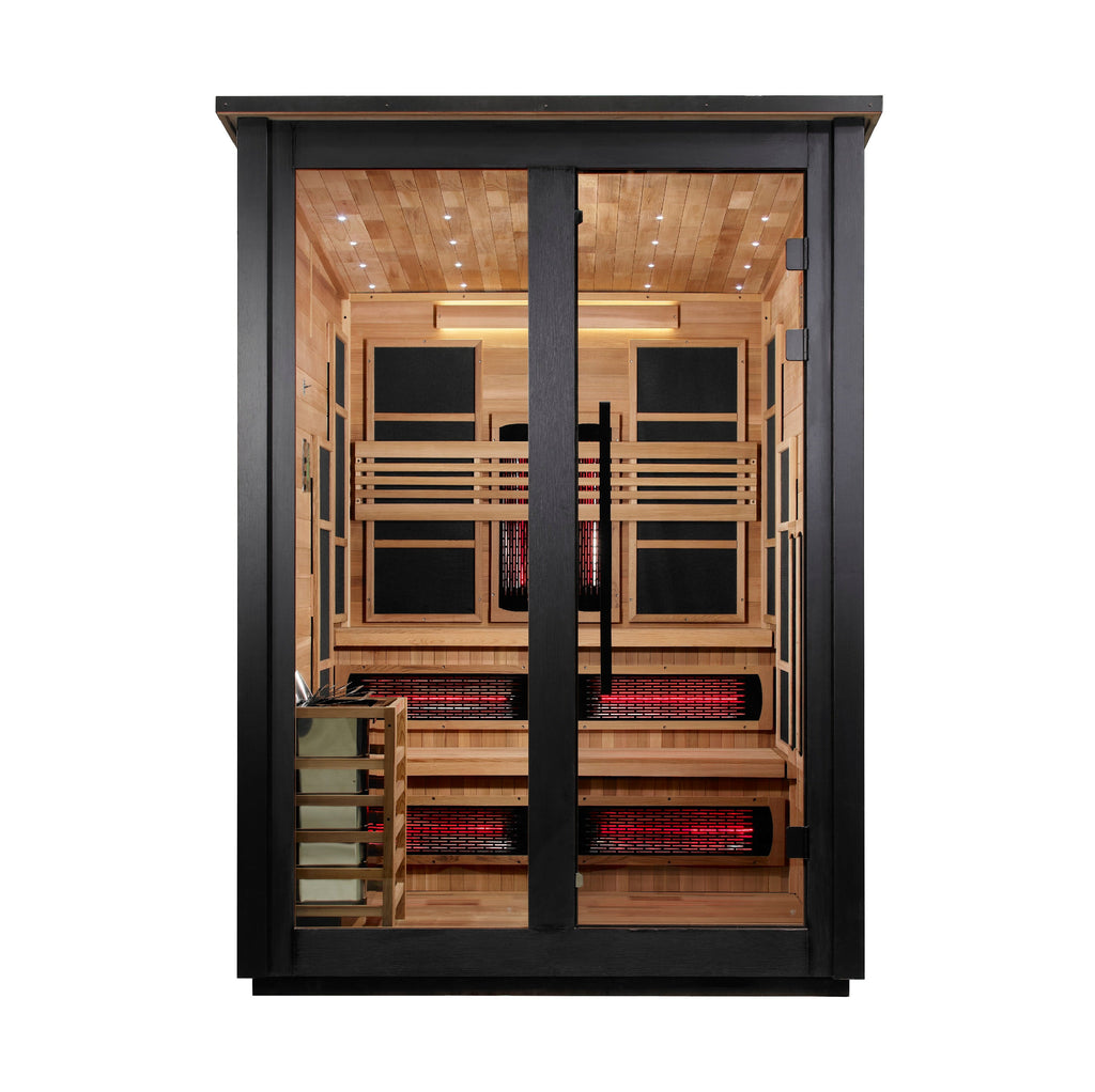 Golden Designs Kaskinen 6 Person Hybrid (PureTech™ Full Spectrum IR or Traditional Stove) Outdoor Sauna (GDI-8526-04) - Canadian Red Cedar Interior, Black Finish