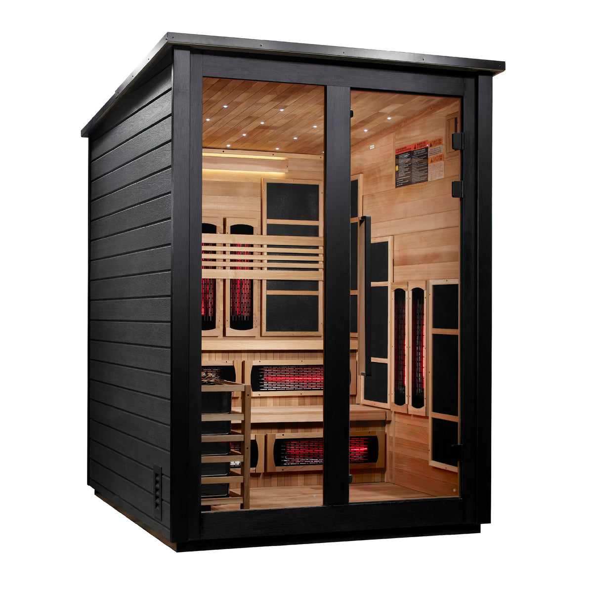 Golden Designs Kaskinen 6 Person Hybrid (PureTech™ Full Spectrum IR or Traditional Stove) Outdoor Sauna (GDI-8526-04) - Canadian Red Cedar Interior, Black Finish