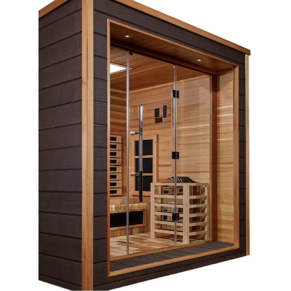 Golden Designs Visby 3 Person Hybrid (PureTech™ Full Spectrum IR or Traditional Stove) Outdoor Sauna (GDI-8223-01) - Canadian Red Cedar Interior