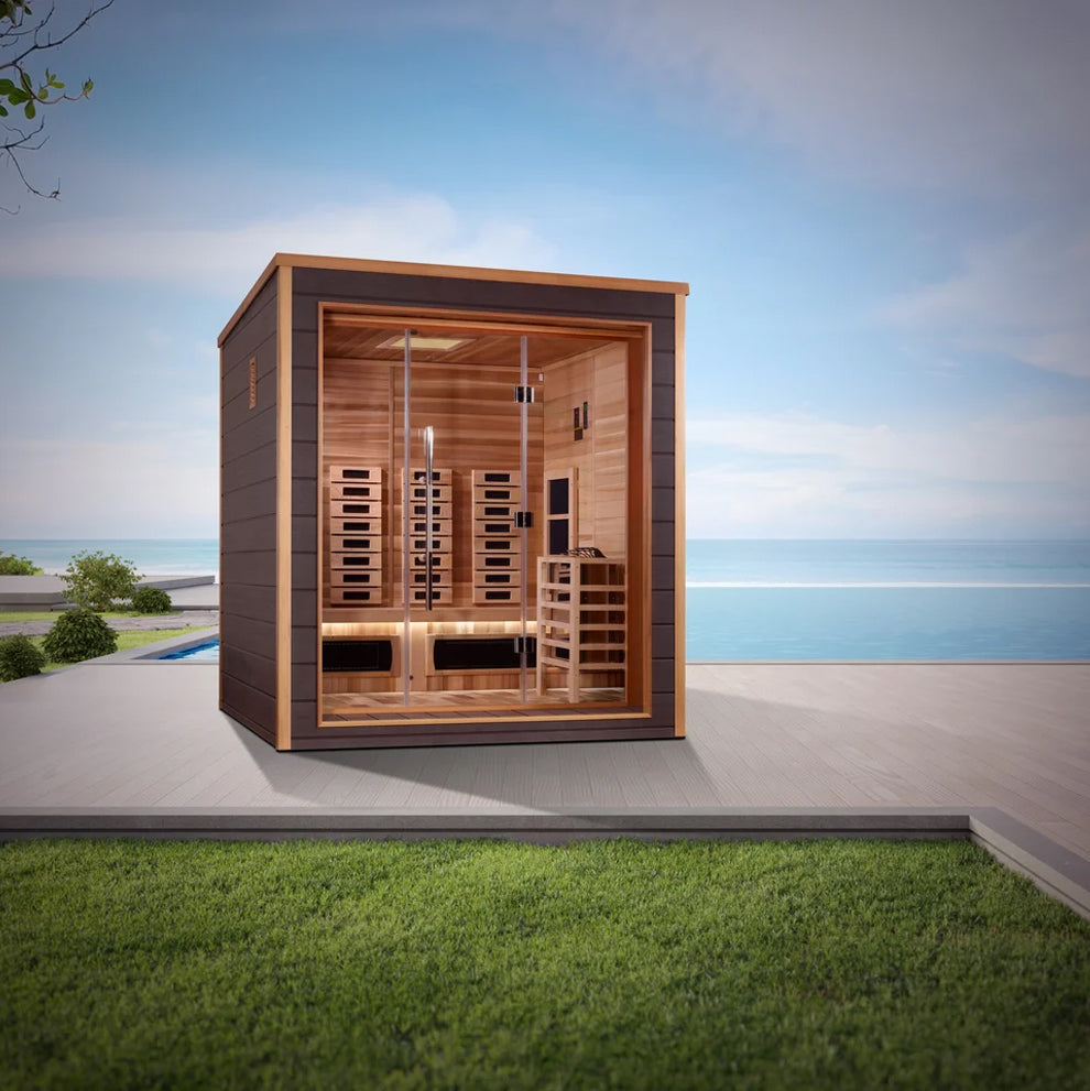 Golden Designs Visby 3 Person Hybrid (PureTech™ Full Spectrum IR or Traditional Stove) Outdoor Sauna (GDI-8223-01) - Canadian Red Cedar Interior